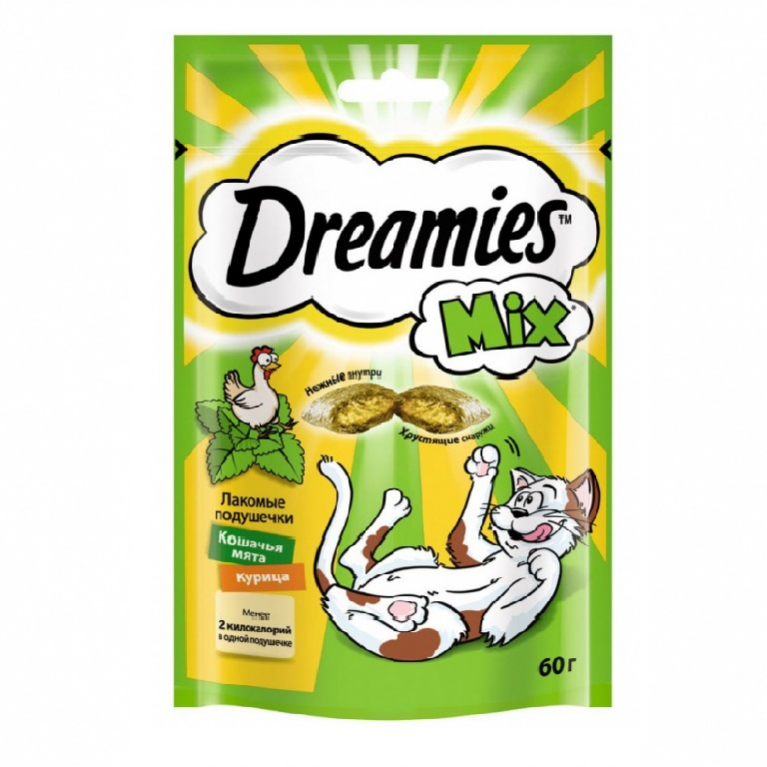 Dreamies Mix Лакомые подушечки для кошек  с курицей и кошачьей мятой, 60г