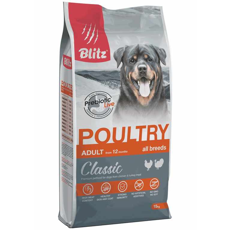Blitz Classic Poultry Adult Dog All Breeds Сухой корм для собак всех пород с домашней птицей 15кг
