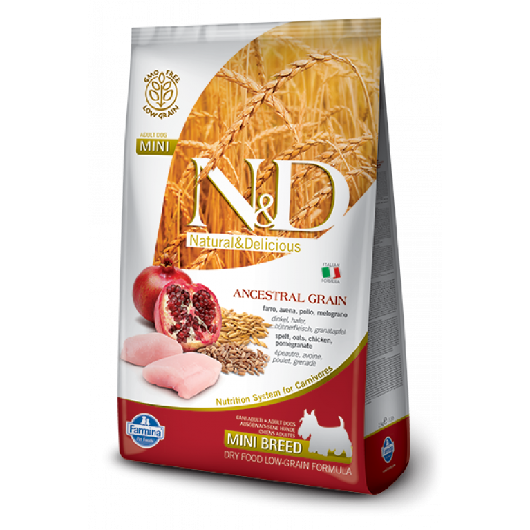 Farmina N&D Ancestral Grain Adult Mini Chicken & Pomegranate / Низкозерновой корм для собак мелких и карликовых пород (Спельта, овес, курица, гранат) 