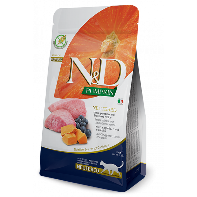 Farmina N&D Grain Free Lamb, Pumpkin&Blueberry Neutered Сухой беззерновой корм для стерилизованных кошек ягненок, черника и тыква