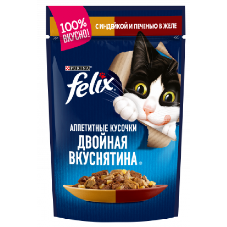 FELIX Влажный корм Аппетитные кусочки, Двойная Вкуснятина для взрослых кошек, с индейкой и печенью, в желе 75г
