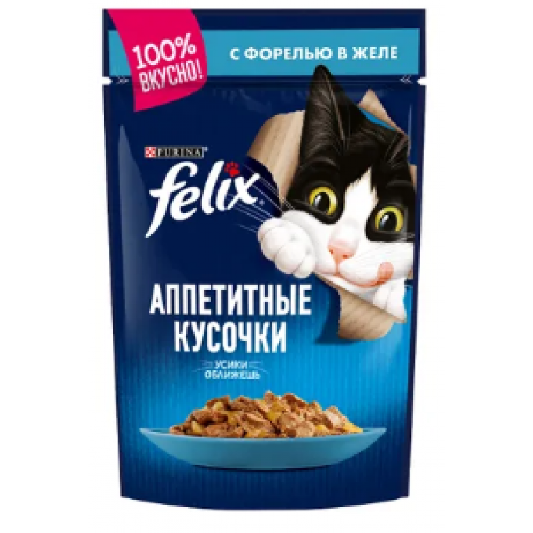 FELIX Влажный корм Аппетитные кусочки для взрослых кошек, с форелью в желе, 75г