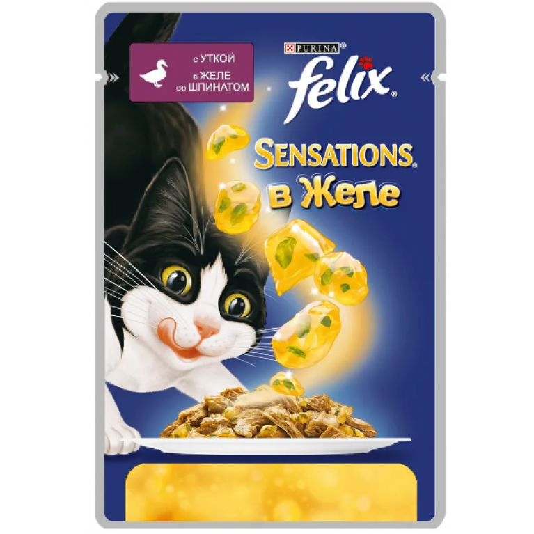 FELIX Sensations Консервы для кошек (Утка в желе со Шпинатом) 75г