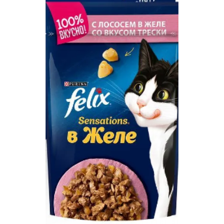 FELIX Sensations Влажный корм корм для взрослых кошек, с лососем в желе с добавлением трески 75г