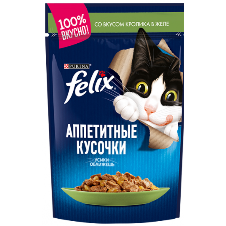 FELIX Влажный корм Аппетитные кусочки для взрослых кошек, с кроликом в желе 75г