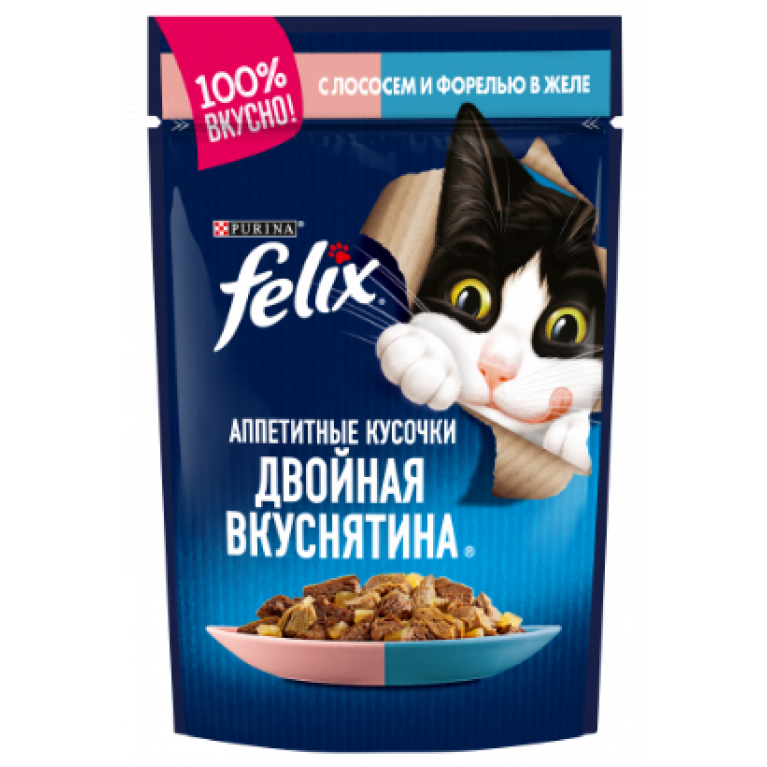 FELIX Влажный корм Аппетитные кусочки, Двойная Вкуснятина для взрослых кошек, с лососем и форелью, в желе 75г