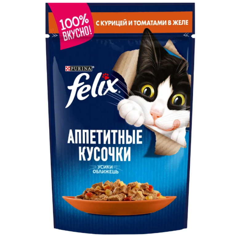 FELIX Влажный корм Аппетитные кусочки для взрослых кошек, с курицей и томатами в желе 75г