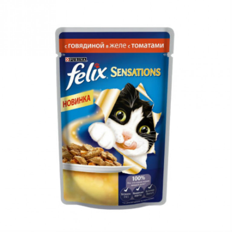 FELIX Sensations Консервы для кошек  Говядина с томатами в желе 75г