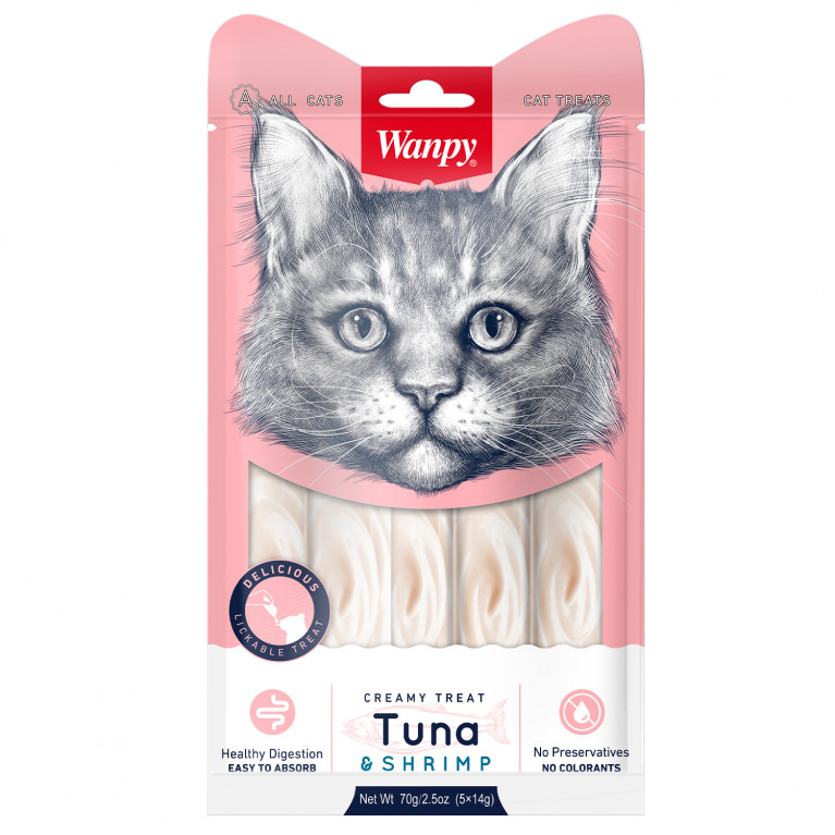 Wanpy Cat Лакомство для кошек «нежное пюре» из тунца и креветок 14г
