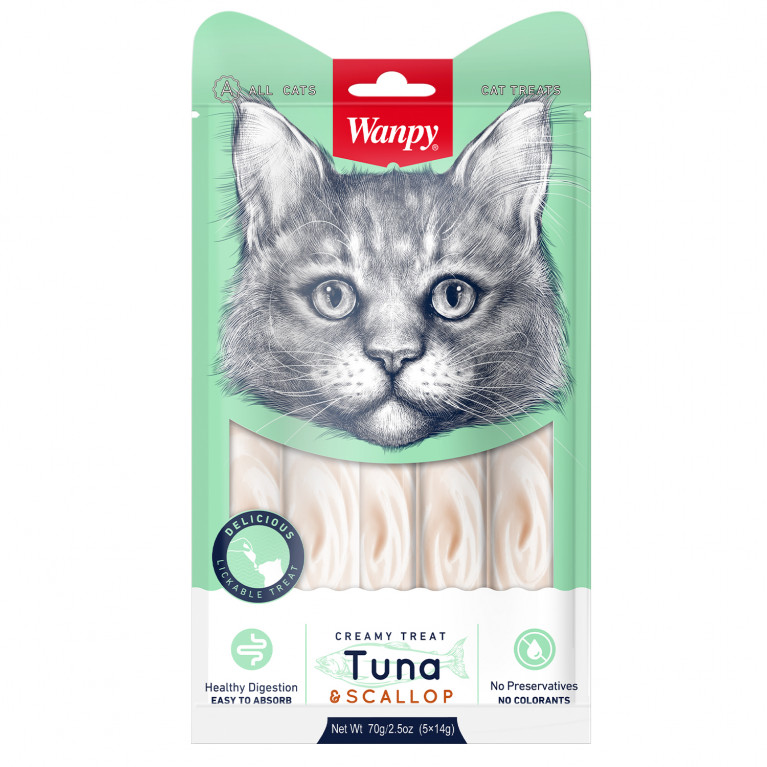 Wanpy Cat Лакомство для кошек «нежное пюре» из тунца и гребешка 70 г (1 уп*5 шт)