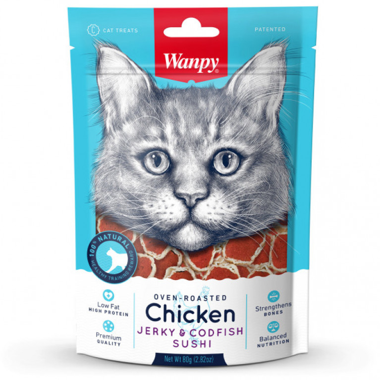 Wanpy Cat Лакомство для кошек «сердечки» из курицы с треской 80г