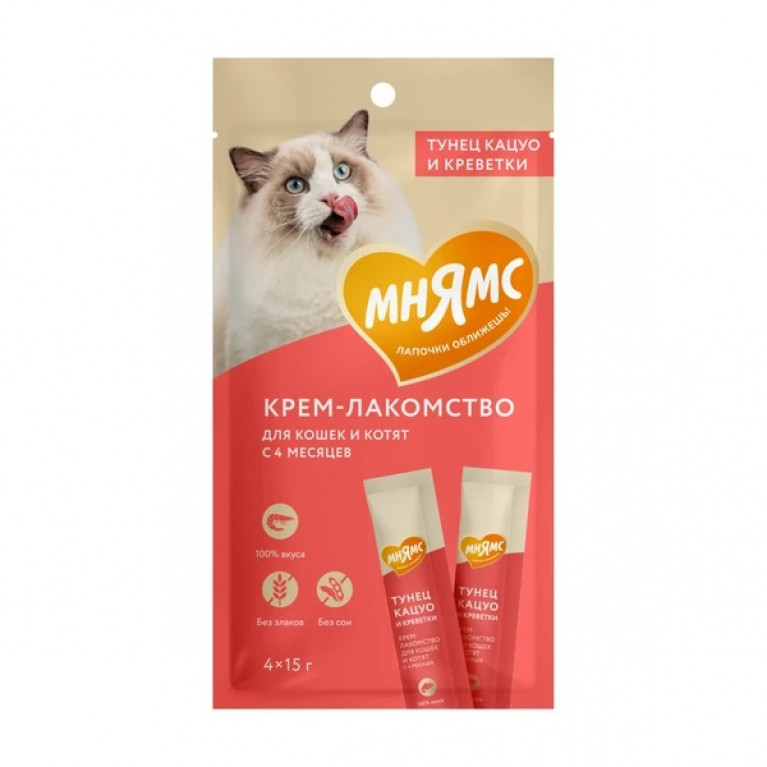 Мнямс Крем-лакомство для кошек тунцом Кацуо и креветками 15 г х 4 шт.