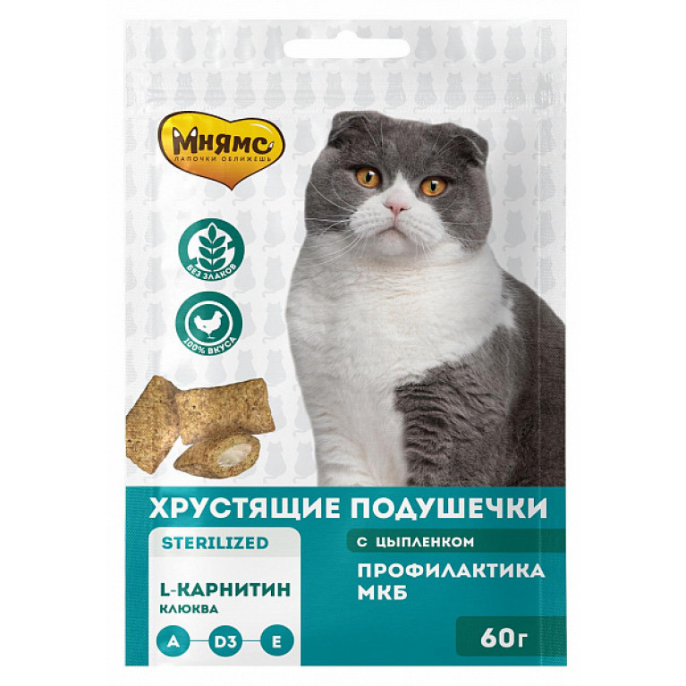 Мнямс Хрустящие подушечки для кошек "Профилактика МКБ" для стерилизованных кошек с цыпленком и клюквой) 60г