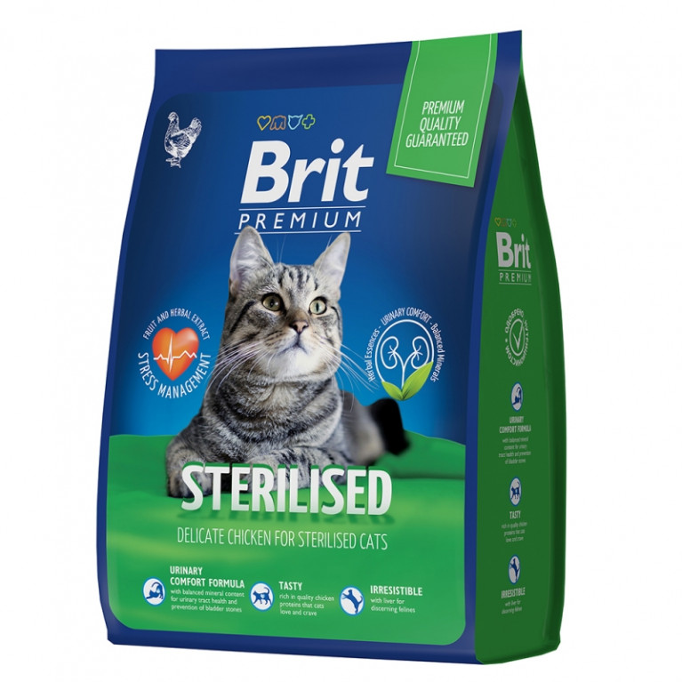 Brit Premium Cat Sterilised Полнорационный сухой корм премиум класса с курицей для взрослых стерилизованных кошек.