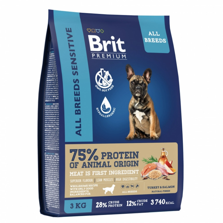 Brit Premium Dog Sensitive Полнорационный корм  собак всех пород с чувствительным пищеварением с лососем и индейкой
