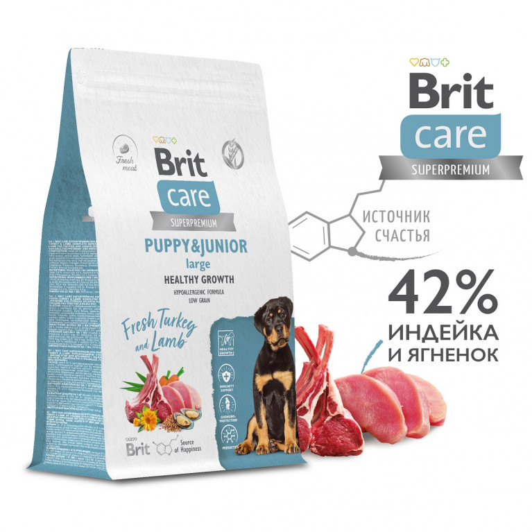 Brit Care Dog Puppy&Junior L Healthy Growth сухой корм для щенков крупных пород, с индейкой и ягненком