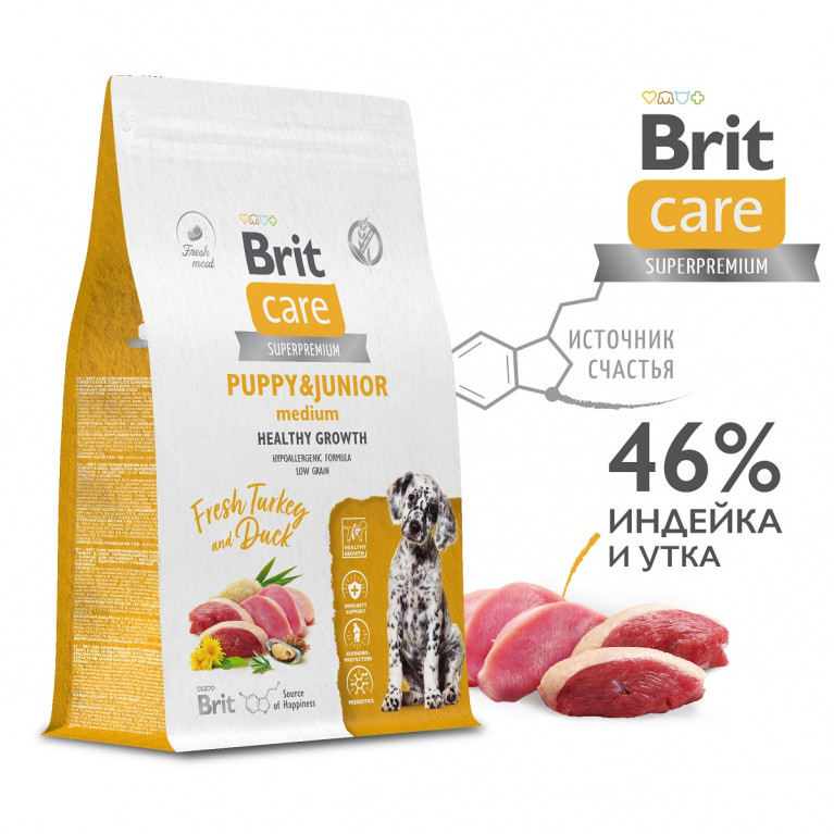 Brit Care Dog Puppy&Junior M Healthy Growth сухой корм для щенков средних пород, с индейкой и уткой