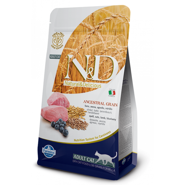Farmina N&D Ancestral Grain Cat Lamb & Blueberry/Низкозерновой корм для взрослых кошек (Спельта, овес, ягненок, черника)