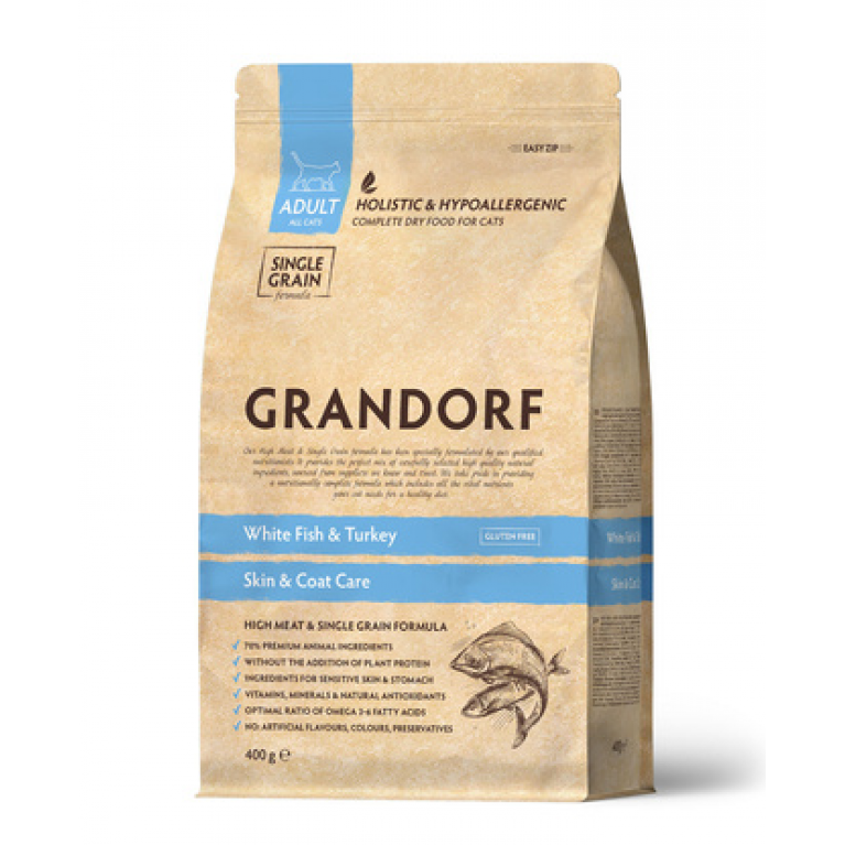 Grandorf Adult Fish&Turkey Skin&Coat Care Корм для взрослых кошек с чувствительной кожей и шерстью (белая рыба, индейка)