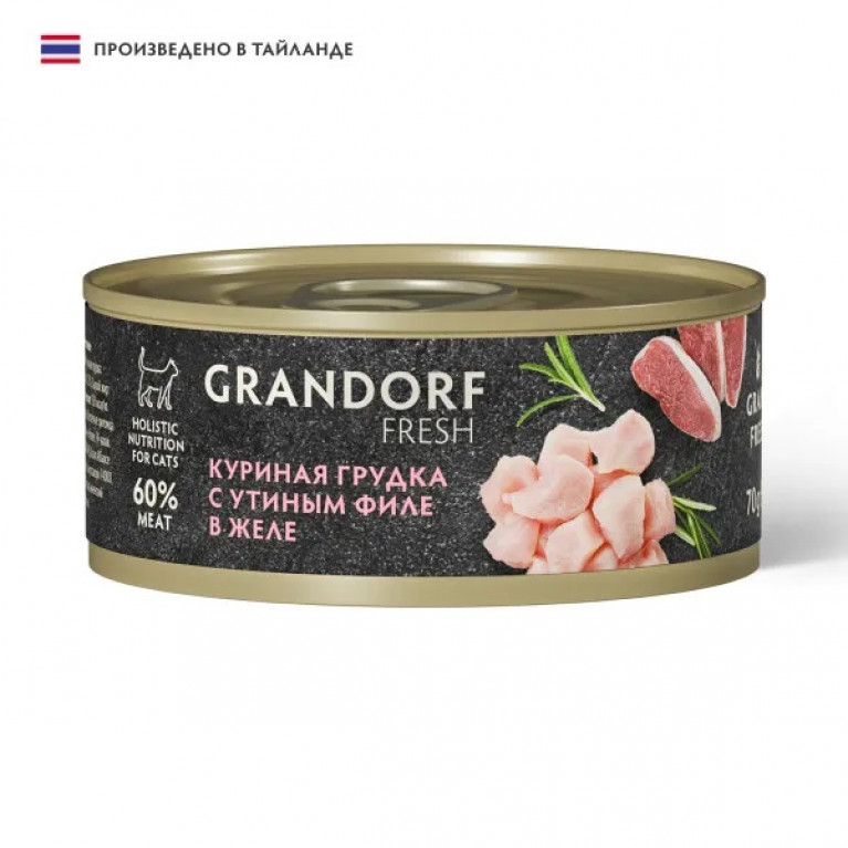 Grandorf FRESH беззерновой влажный корм для взрослых кошек с куриной грудкой и утиным филе в желе 70г