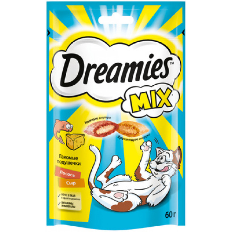 Dreamies Mix Лакомые подушечки для кошек  (с лососем и сыром) 60г